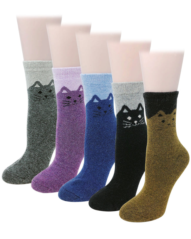 Wrapables Women's Thick Winter Warm Cat Print Wool Socks (Set of 5)