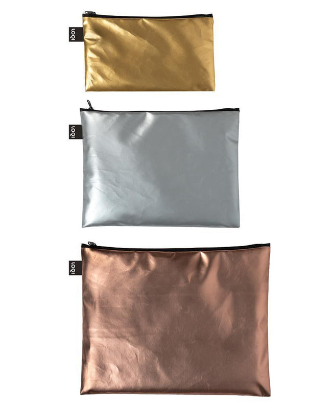 LOQI METALLIC Zip Pockets (Set of 3), Matt Gold, Matt Silver, Matt Rose Gold