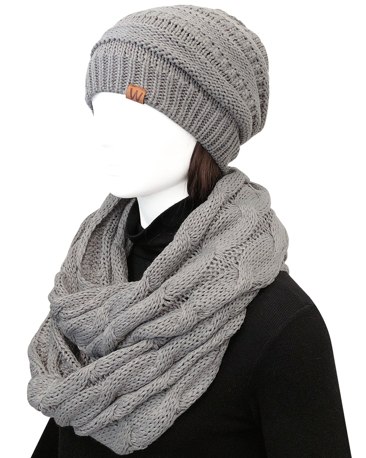 Wrapables Winter Warm Chunky Cable Knit Infinity Scarf and Beanie Set
