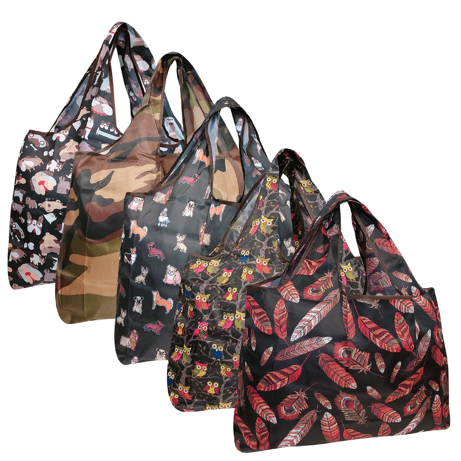 Wrapables Large Foldable Tote Nylon Reusable Grocery Bags, 5 Pack