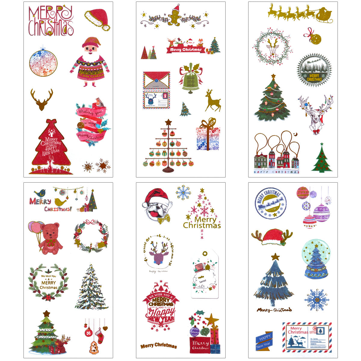 Wrapables Holiday Washi Stickers with Gold Foil for Scrapbooking, DIY Crafts for Stationery, Diary, Card Making (12 Sheets)