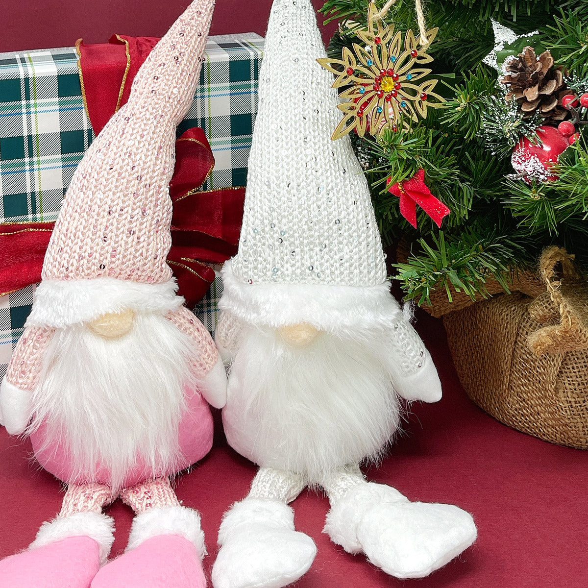 Wrapables Pink & White Sitting Gnome Dolls for Tabletop and Holiday Decorations (Set of 2)