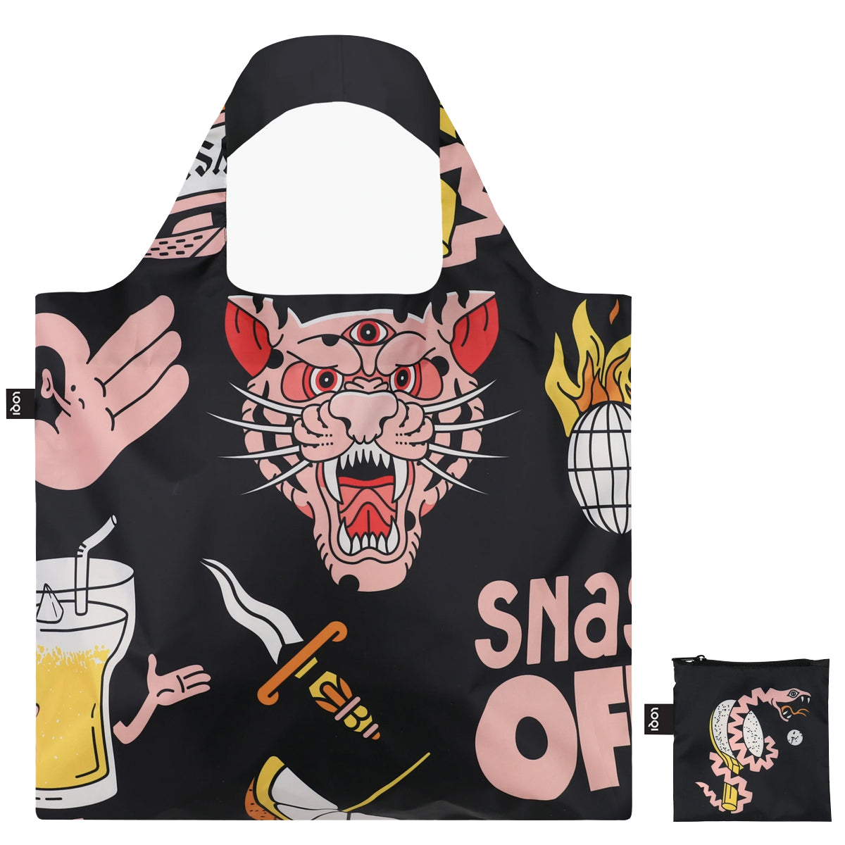 LOQI Artist Snask Tiger Snake Beer Black Reusable Shopping Bag