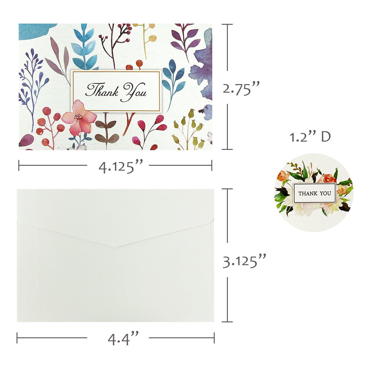 Wrapables Blank Thank You Cards with Envelopes & Seals for Weddings, Bridal Showers, Baby Showers (Set of 4), Blissful Bloom