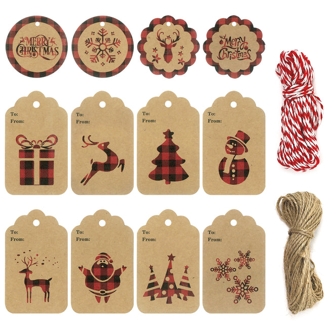 Wrapables Red Plaid Christmas Holiday Gift Tags with Twine and Jute Strings (120pcs)