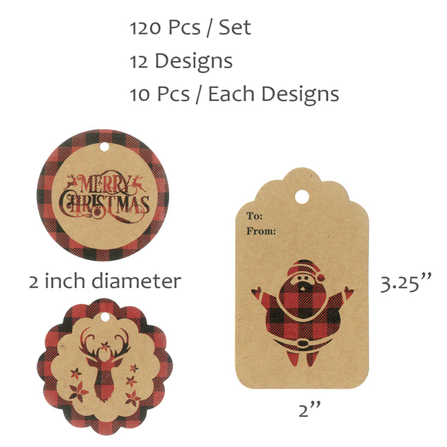 Wrapables Red Plaid Christmas Holiday Gift Tags with Twine and Jute Strings (120pcs)