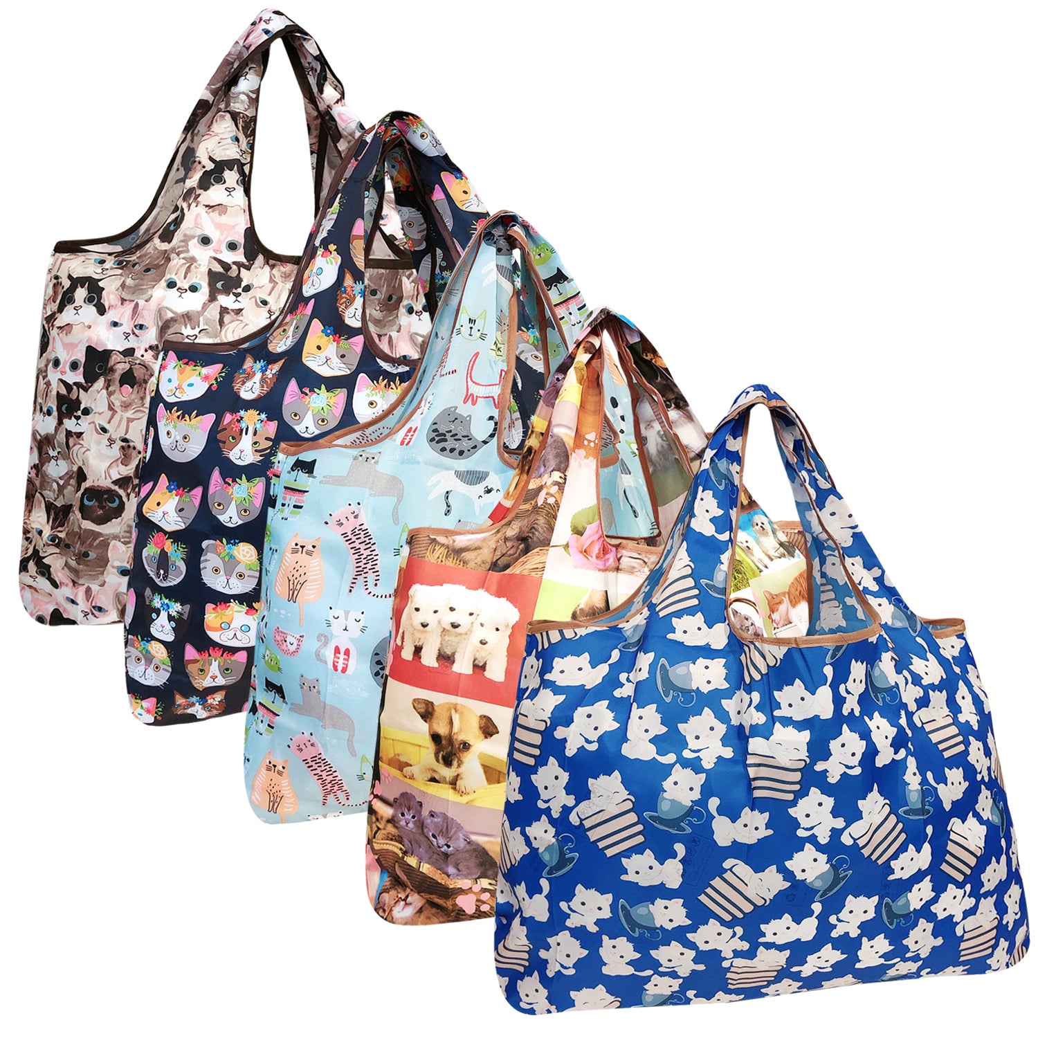 Wrapables Large Foldable Tote Nylon Reusable Grocery Bags, 5 Pack