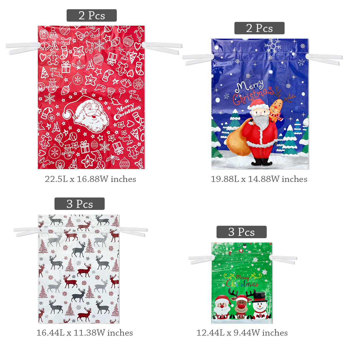 Wrapables Aluminum Foil Christmas Holiday Drawstring Gift Bags for Party Favors, Goodie Bag, Treats, Gift Wrap, Parties