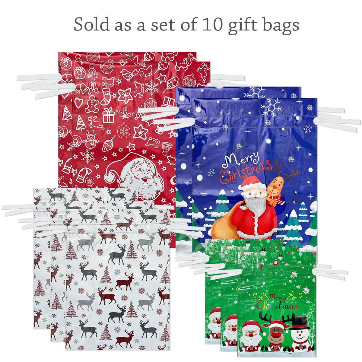 Wrapables Aluminum Foil Christmas Holiday Drawstring Gift Bags for Party Favors, Goodie Bag, Treats, Gift Wrap, Parties