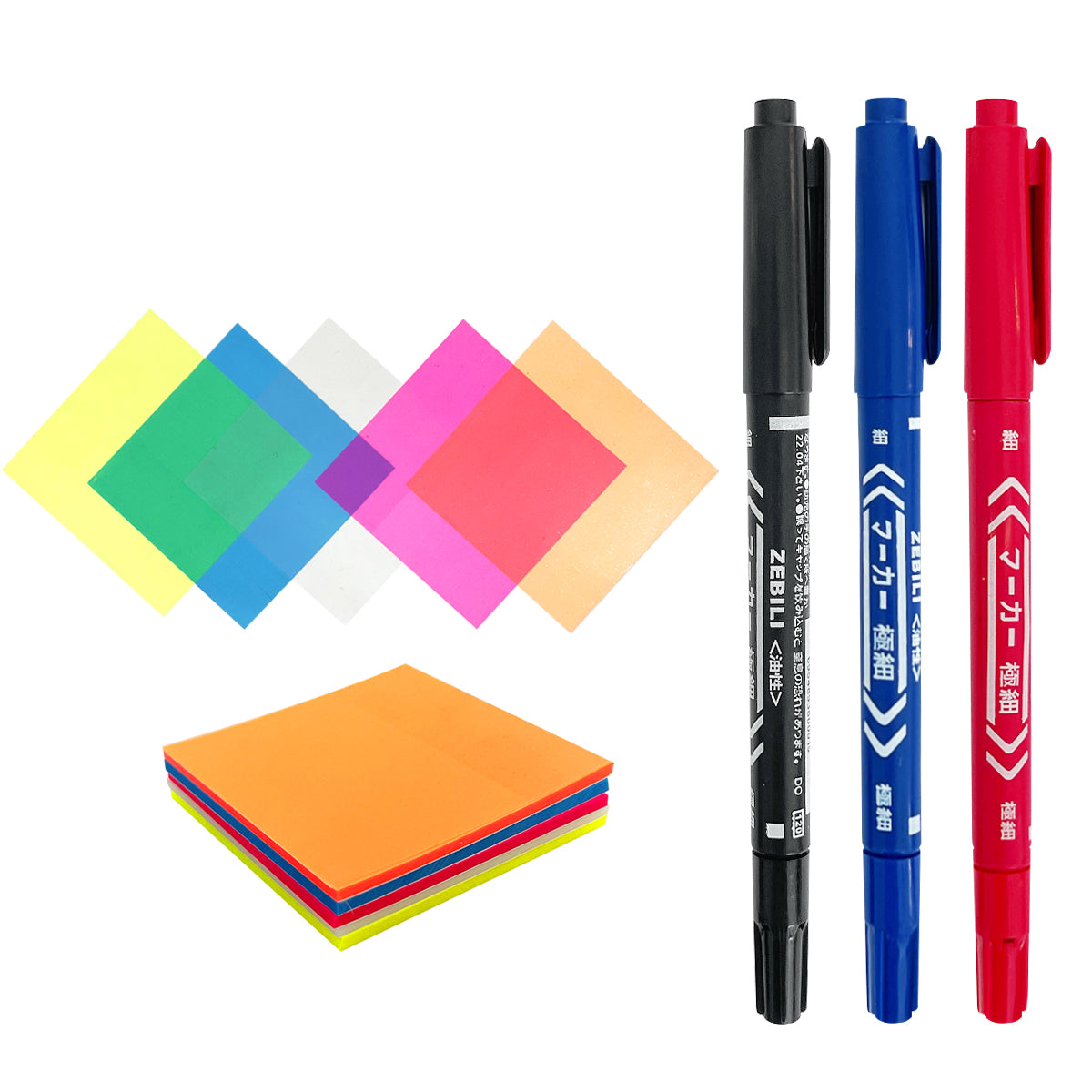Wrapables Transparent Sticky Notes with Dual Tip Marker Pens for Home, School, Office