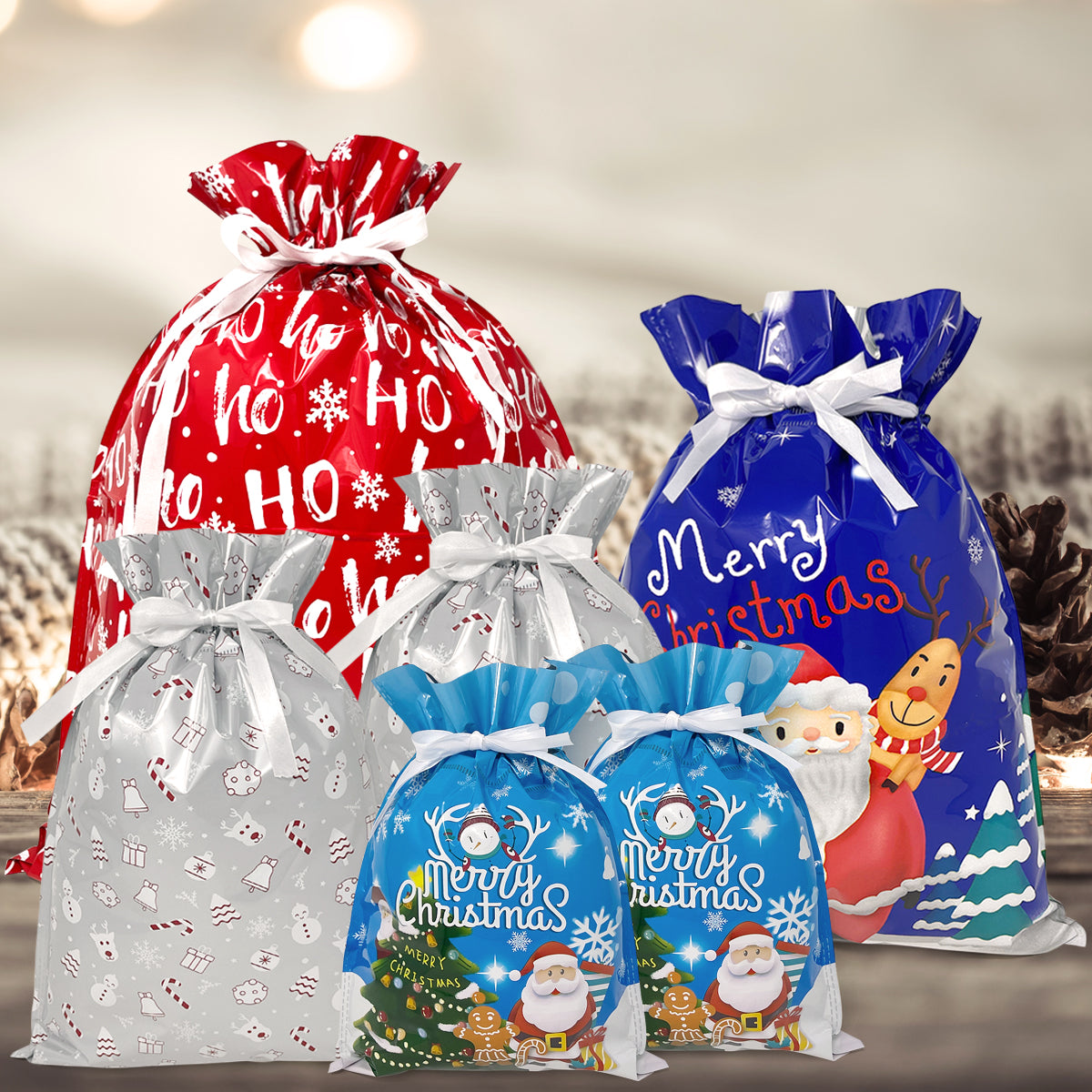 Wrapables Aluminum Foil Christmas Holiday Drawstring Gift Bags for Party Favors, Goodie Bag, Treats, Gift Wrap, Parties