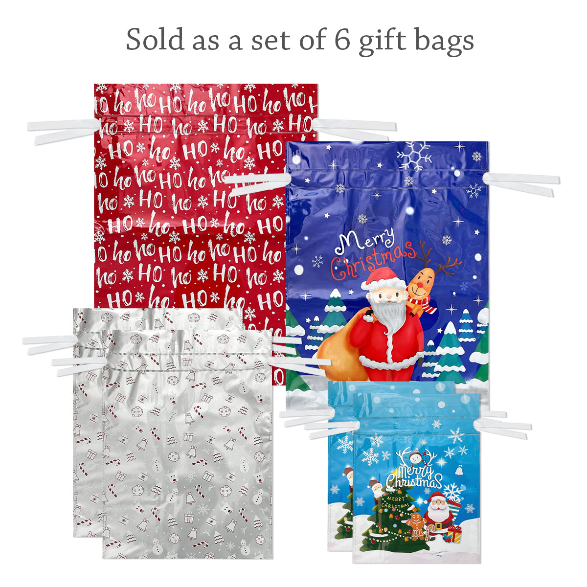 Wrapables Aluminum Foil Christmas Holiday Drawstring Gift Bags for Party Favors, Goodie Bag, Treats, Gift Wrap, Parties