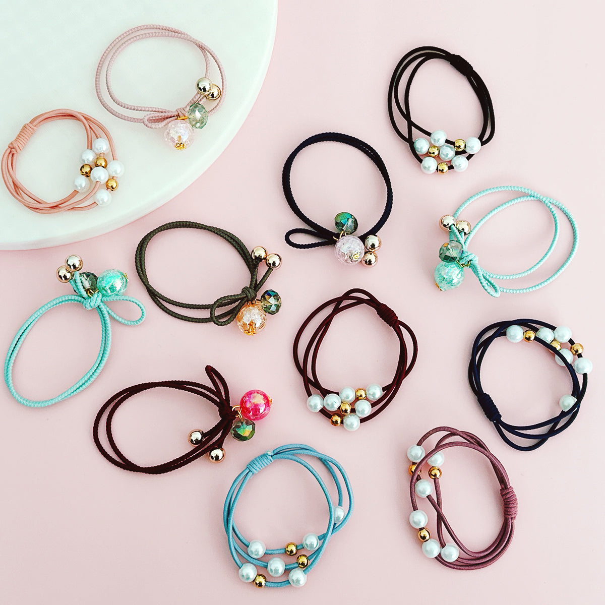 Wrapables Luminescent Beads & Faux Pearls Hair Ties (Set of 12)
