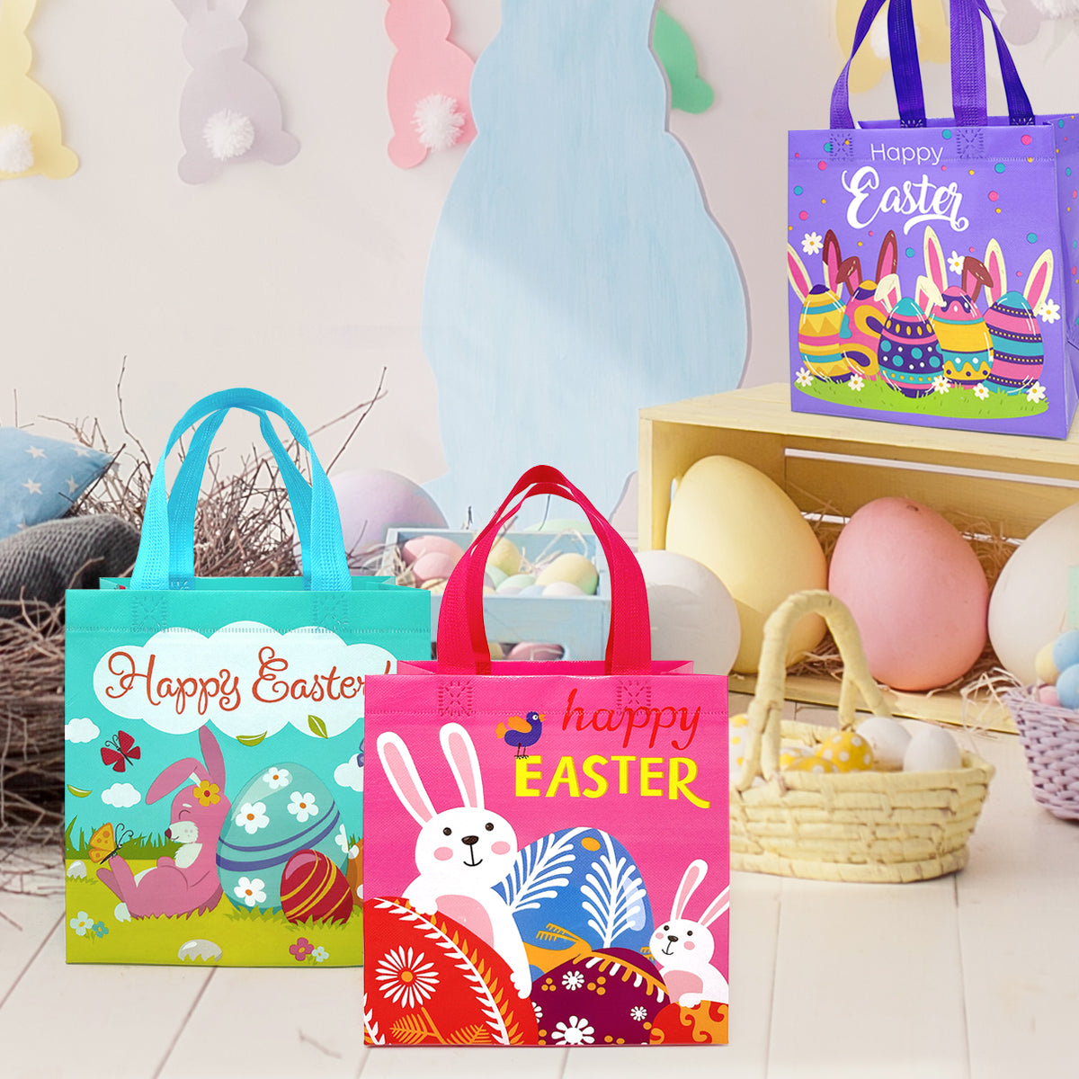 Wrapables Non-woven Easter Gift Bags, Easter Treat Bags for Egg Hunt (Set of 8)