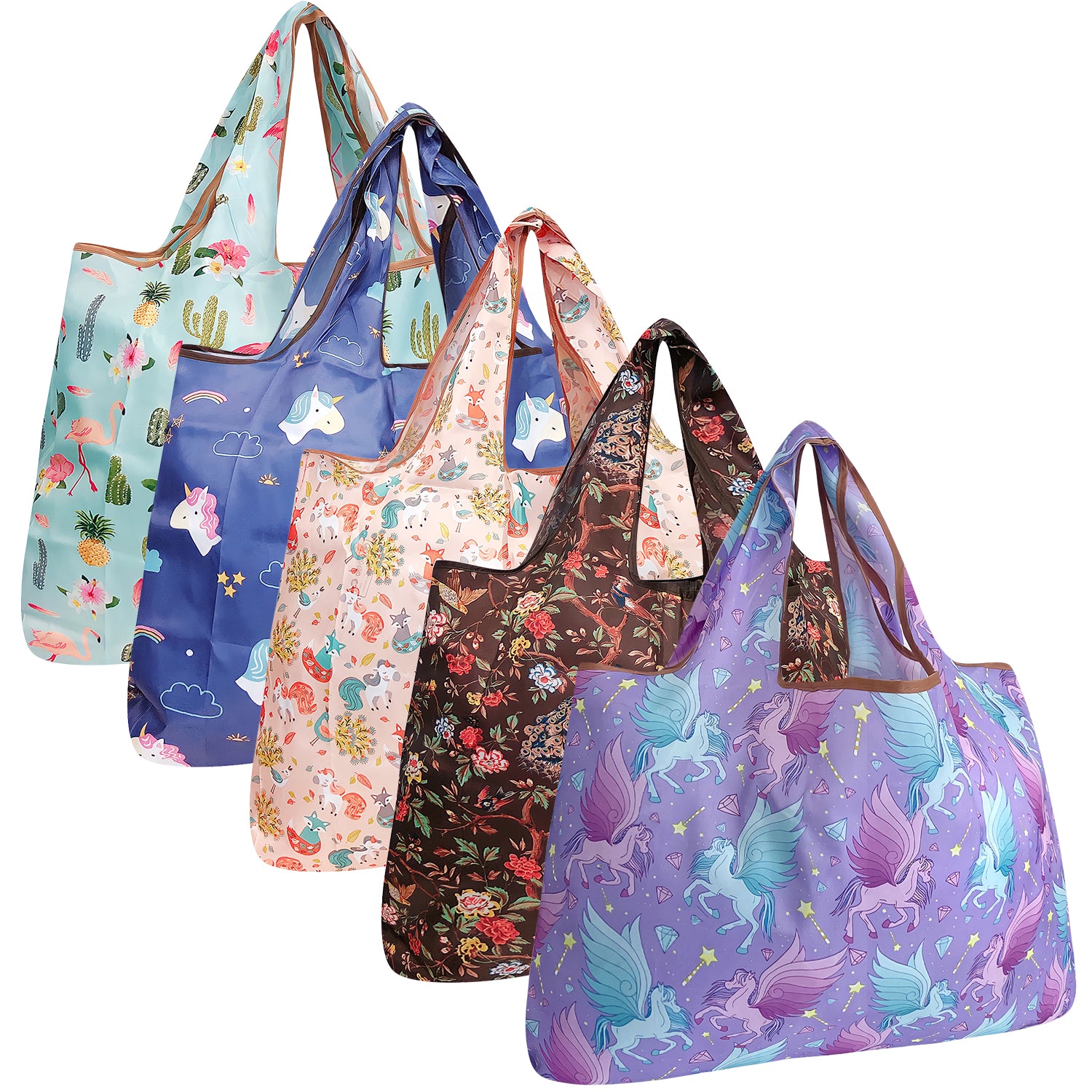 Wrapables Large Foldable Tote Nylon Reusable Grocery Bags, 5 Pack