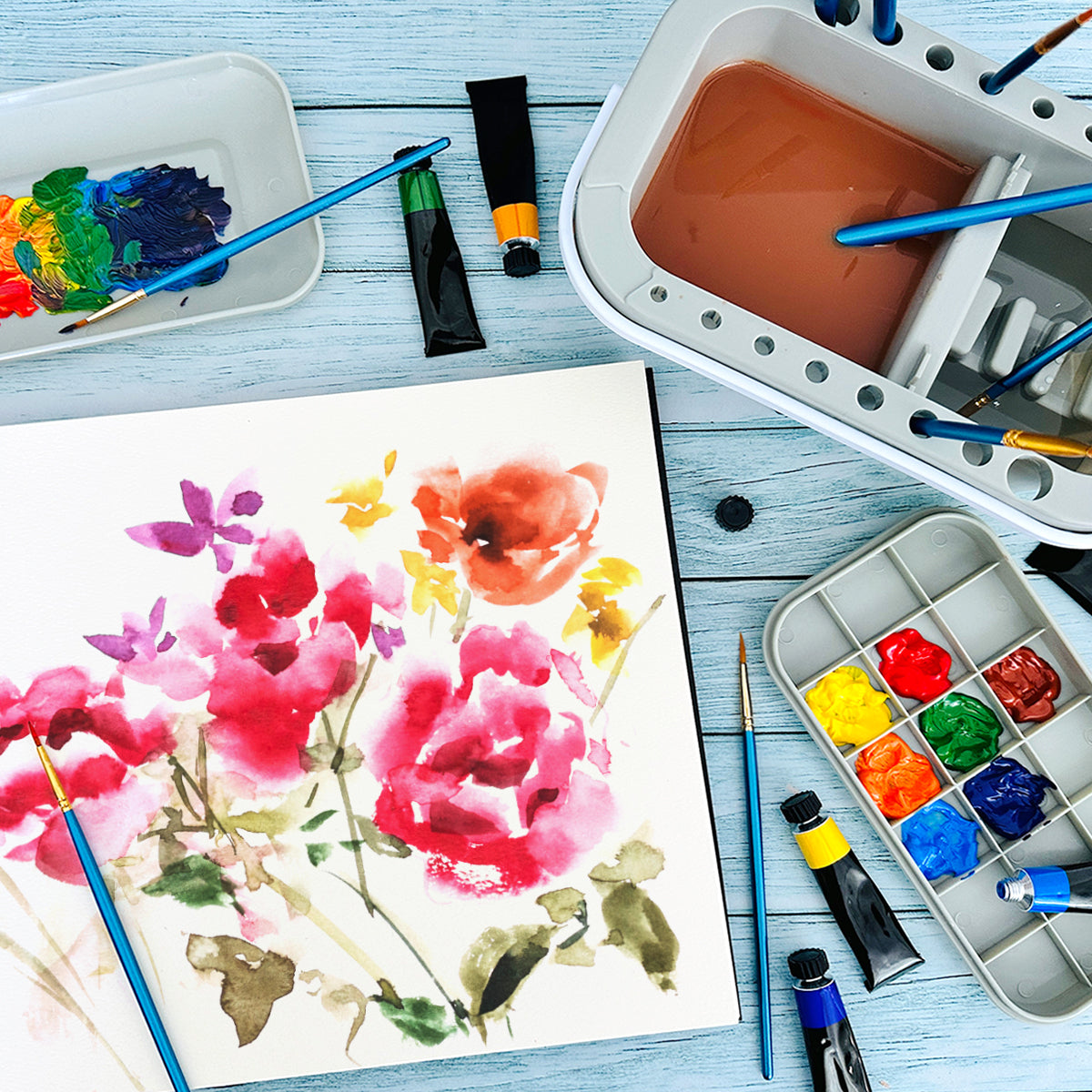 Wrapables Paint Brush Cleaner, Artist Paint Brush Holder with Palette Tray and Handle for Acrylic, Watercolor and Water-Based Paints