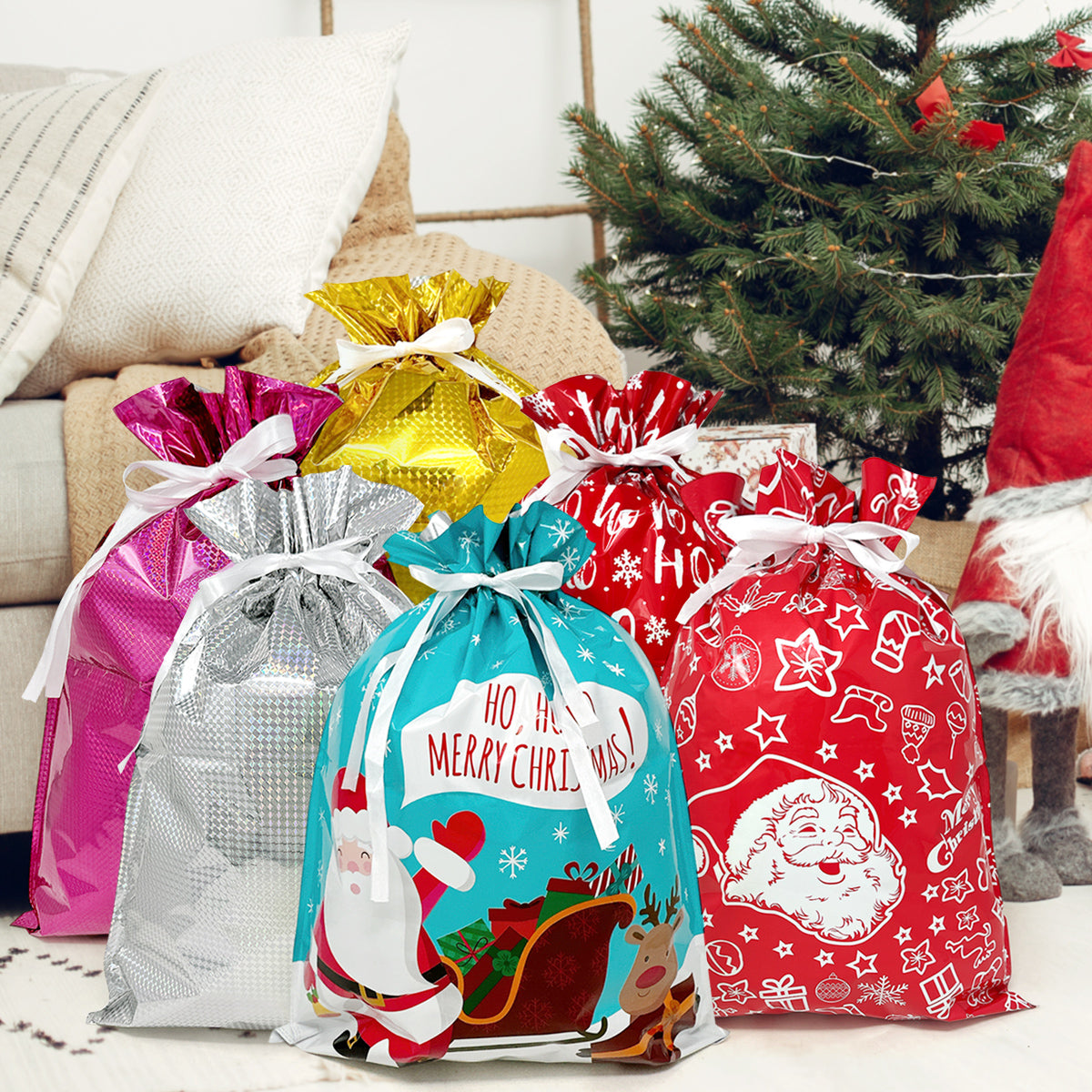 Wrapables Aluminum Foil Christmas Holiday Drawstring Gift Bags for Party Favors, Goodie Bag, Treats, Gift Wrap, Parties
