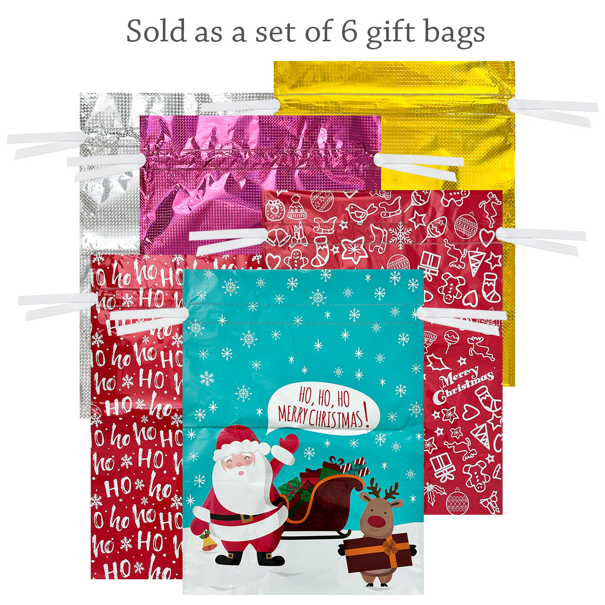 Wrapables Aluminum Foil Christmas Holiday Drawstring Gift Bags for Party Favors, Goodie Bag, Treats, Gift Wrap, Parties
