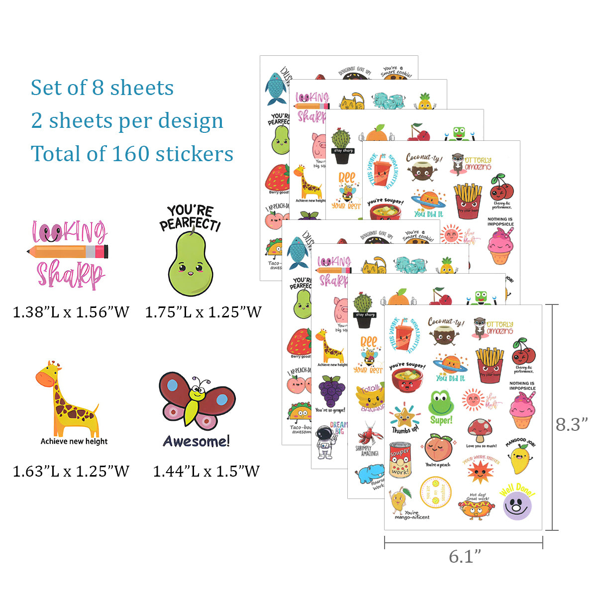 Wrapables Motivational Reward Vinyl Stickers for Teachers, Students, Classrooms 8 sheets (160pcs), Food & Animals