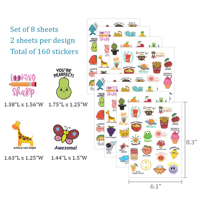 Wrapables Motivational Reward Vinyl Stickers for Teachers, Students, Classrooms 8 sheets (160pcs), Food & Animals