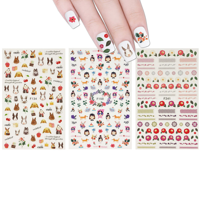 Wrapables 3 Sheets Whimsical Girl Flowers & Bunny Nail Art Whimsical Flowers & Bunny Nail Stickers
