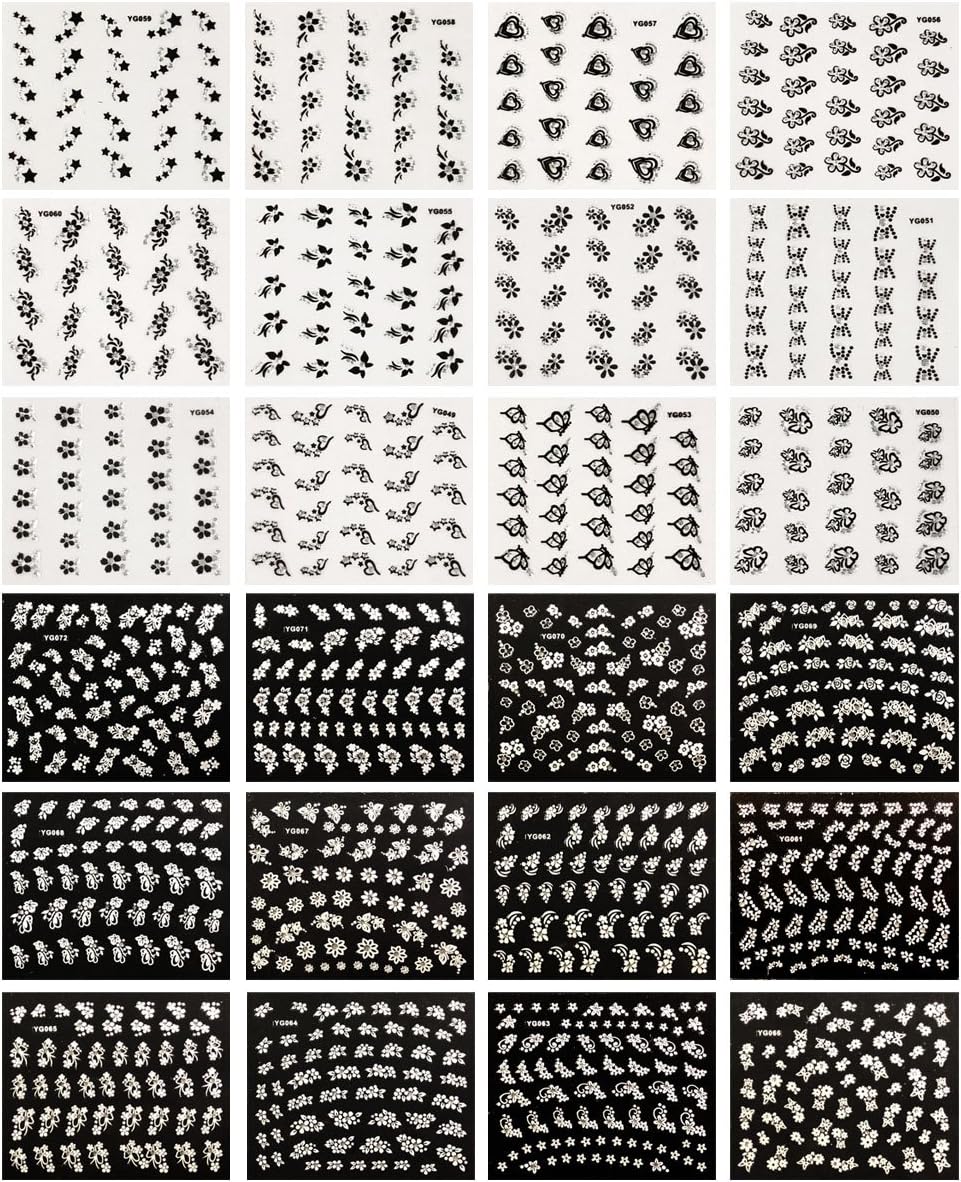 Wrapables Sparkly Black & White Flower Nail Art Sparkle Flower Nail Stickers (24 sheets)