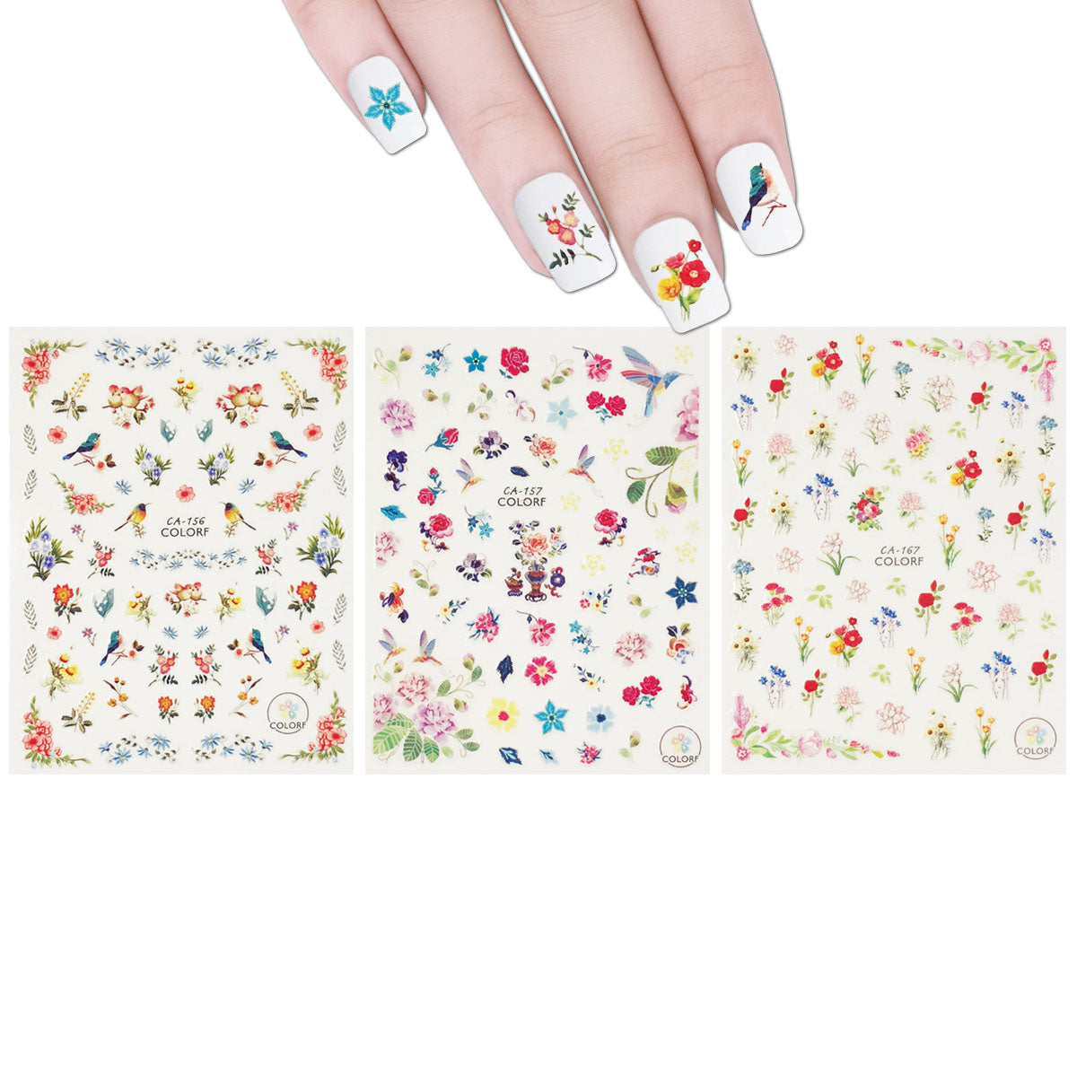 Wrapables 3 Sheets Blooming Flowers & Birds Nail Art Flower & Birds Nail Stickers