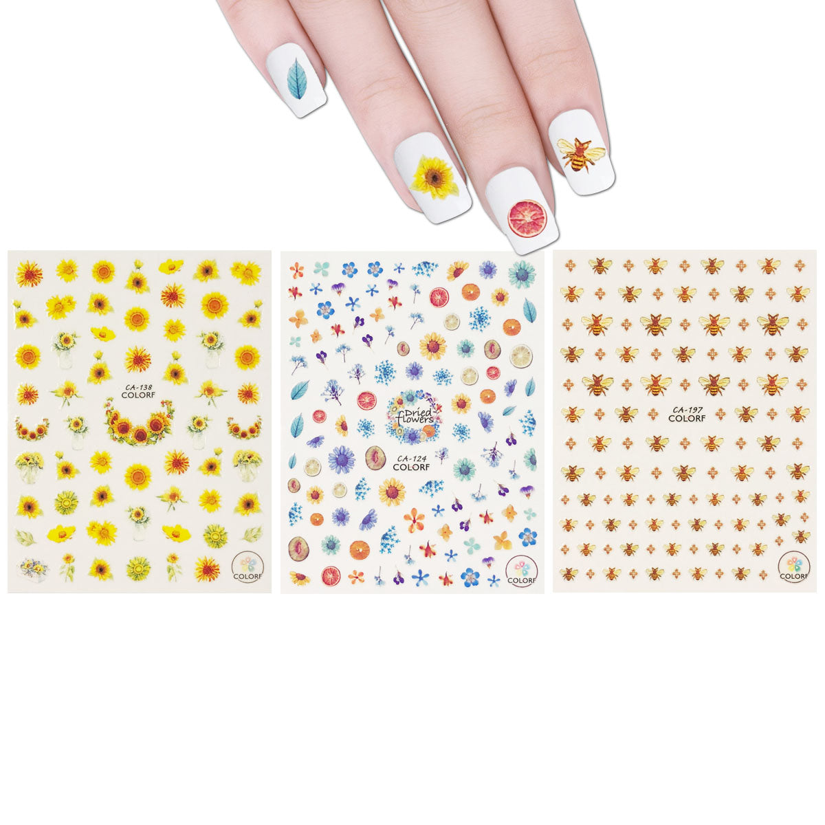 Wrapables 3 Sheets Buzzing Nature Nail Art Bees & Sunflowers Nail Stickers