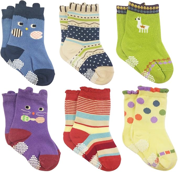 Wrapables Peek A Boo Animal Non-Skid Toddler Socks (Set of 6), Cat and Owl, Large