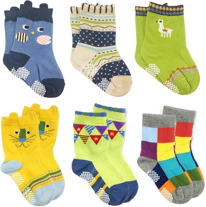 Wrapables Peek A Boo Animal Non-Skid Toddler Socks (Set of 6), Owl and Lion, Large