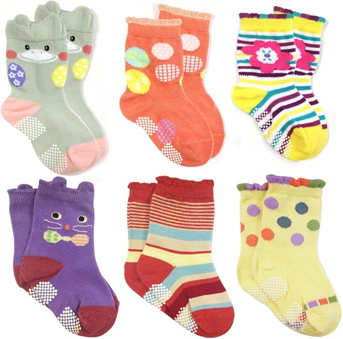 Wrapables Peek A Boo Animal Non-Skid Toddler Socks (Set of 6), Cat and Duck, Large