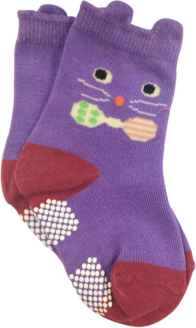 Wrapables Peek A Boo Animal Non-Skid Toddler Socks (Set of 6), Cat and Owl, Large