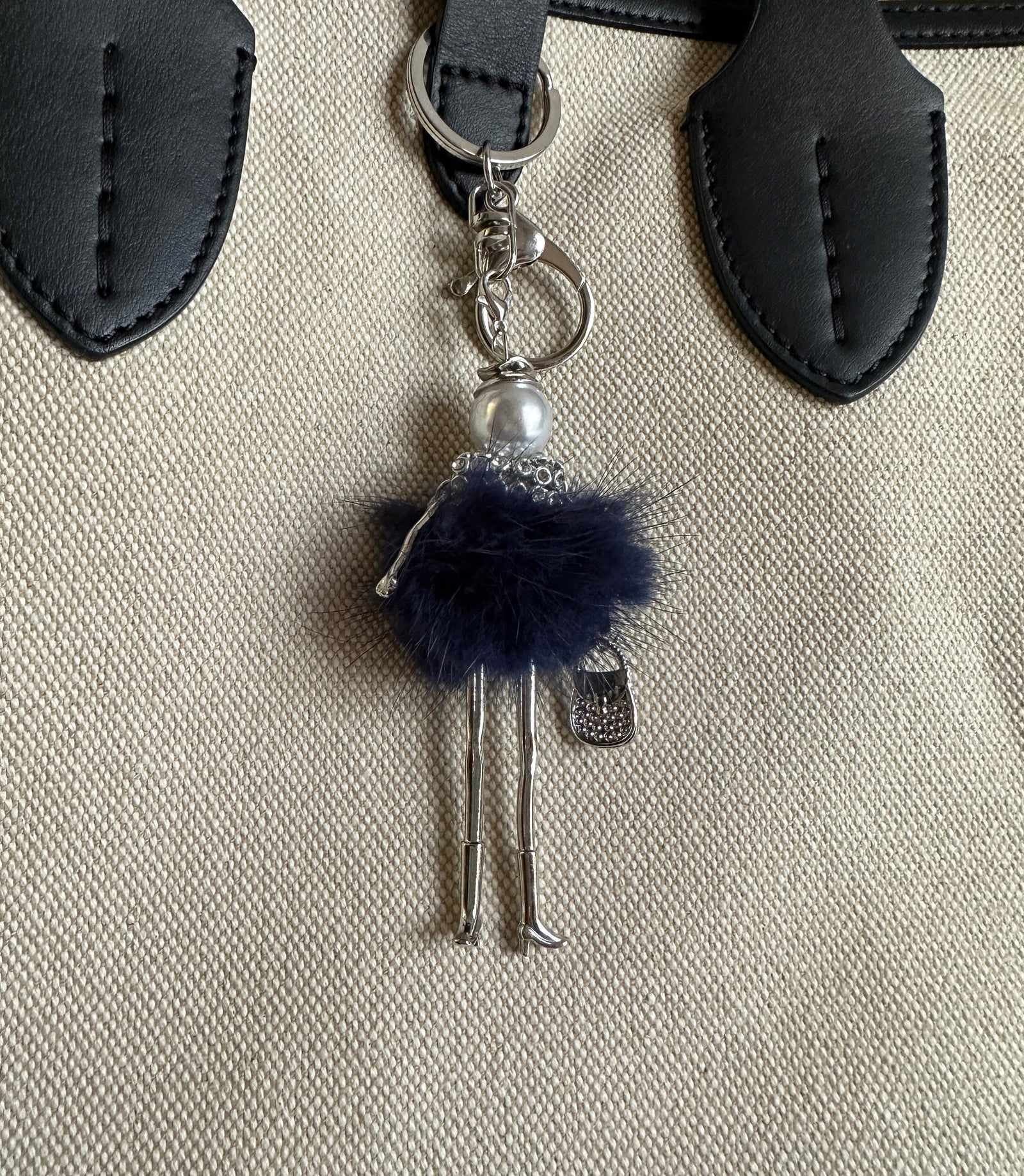 Wrapables Hanging Fashionista Doll Keychain, Crystal Rhinestone Keyring Bag Charm, Navy Pom Pom