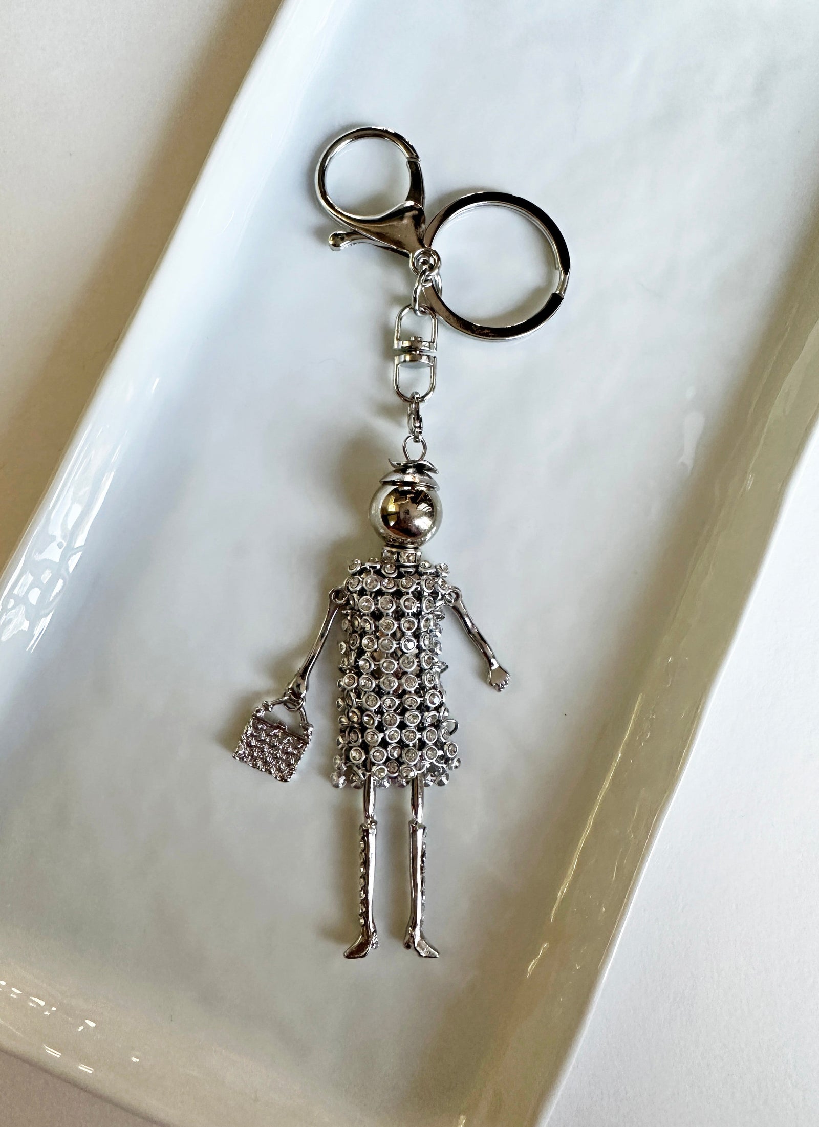 Wrapables Hanging Fashionista Doll Keychain, Crystal Rhinestone Keyring Bag Charm, Silver