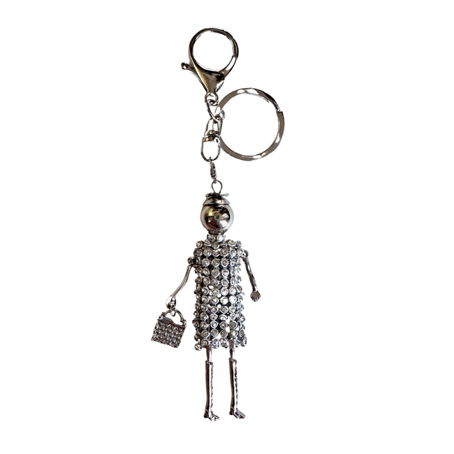 Wrapables Hanging Fashionista Doll Keychain, Crystal Rhinestone Keyring Bag Charm, Silver