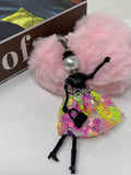 Wrapables Hanging Fashionista Doll Keychain, Crystal Rhinestone Keyring Bag Charm, Pink & Yellow Sequins