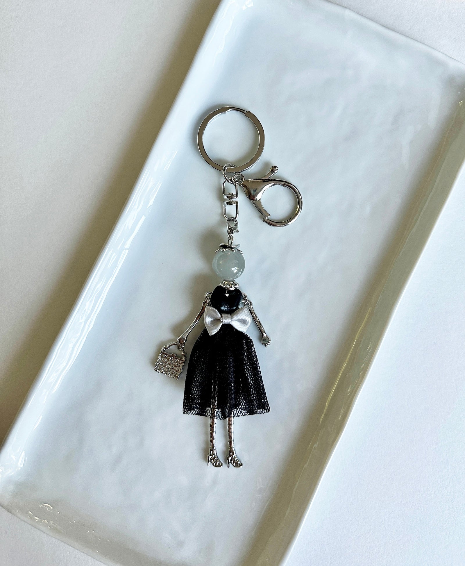 Wrapables Hanging Fashionista Doll Keychain, Crystal Rhinestone Keyring Bag Charm, Black Bow