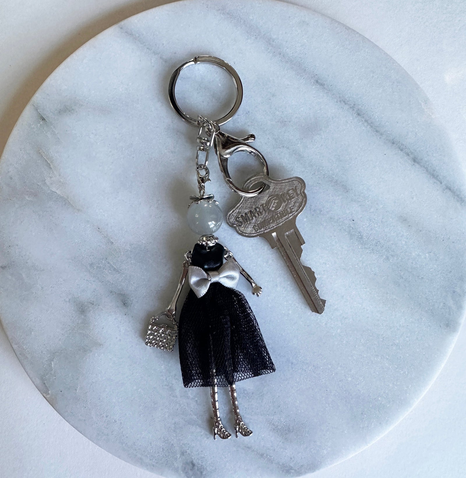 Wrapables Hanging Fashionista Doll Keychain, Crystal Rhinestone Keyring Bag Charm, Black Bow