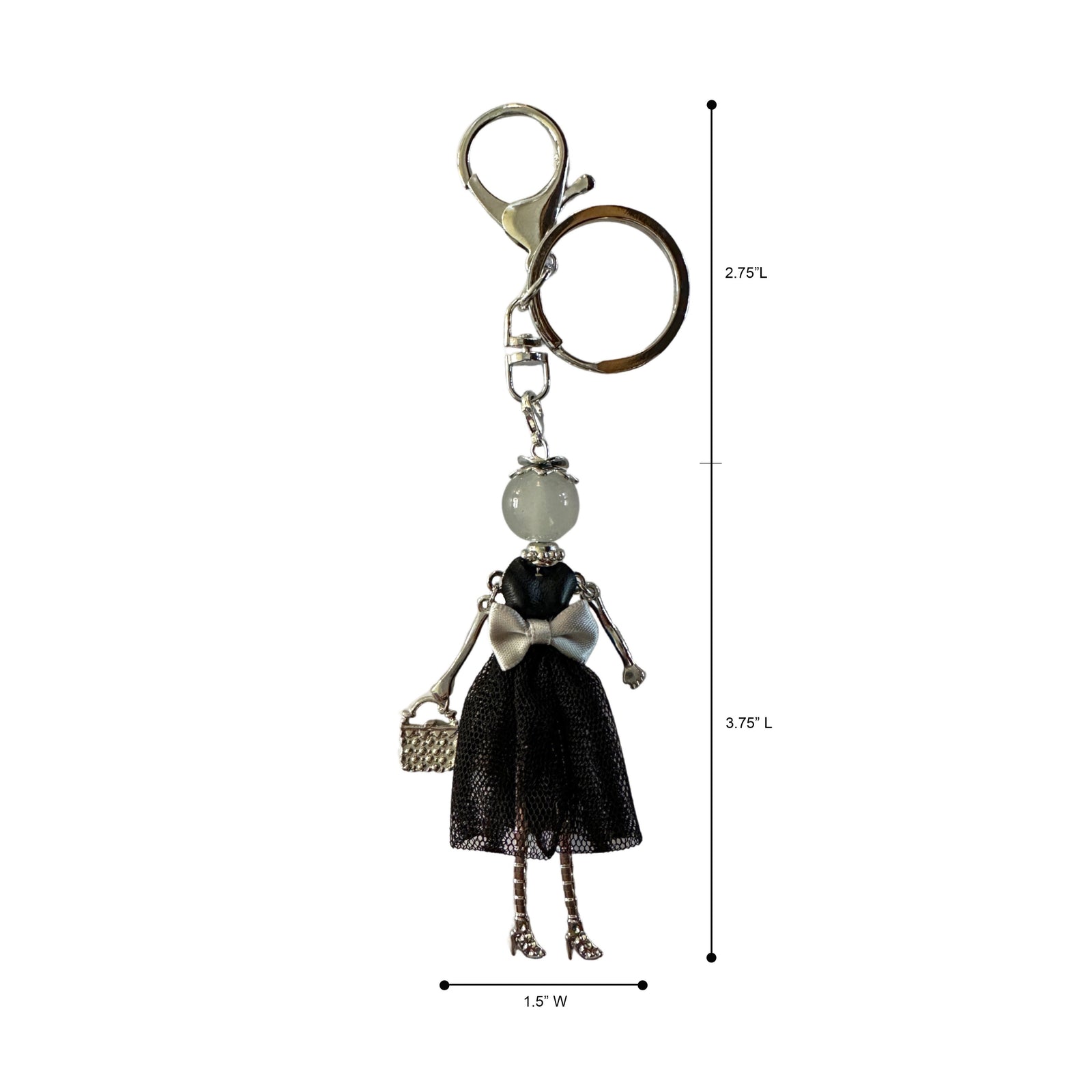 Wrapables Hanging Fashionista Doll Keychain, Crystal Rhinestone Keyring Bag Charm, Black Bow