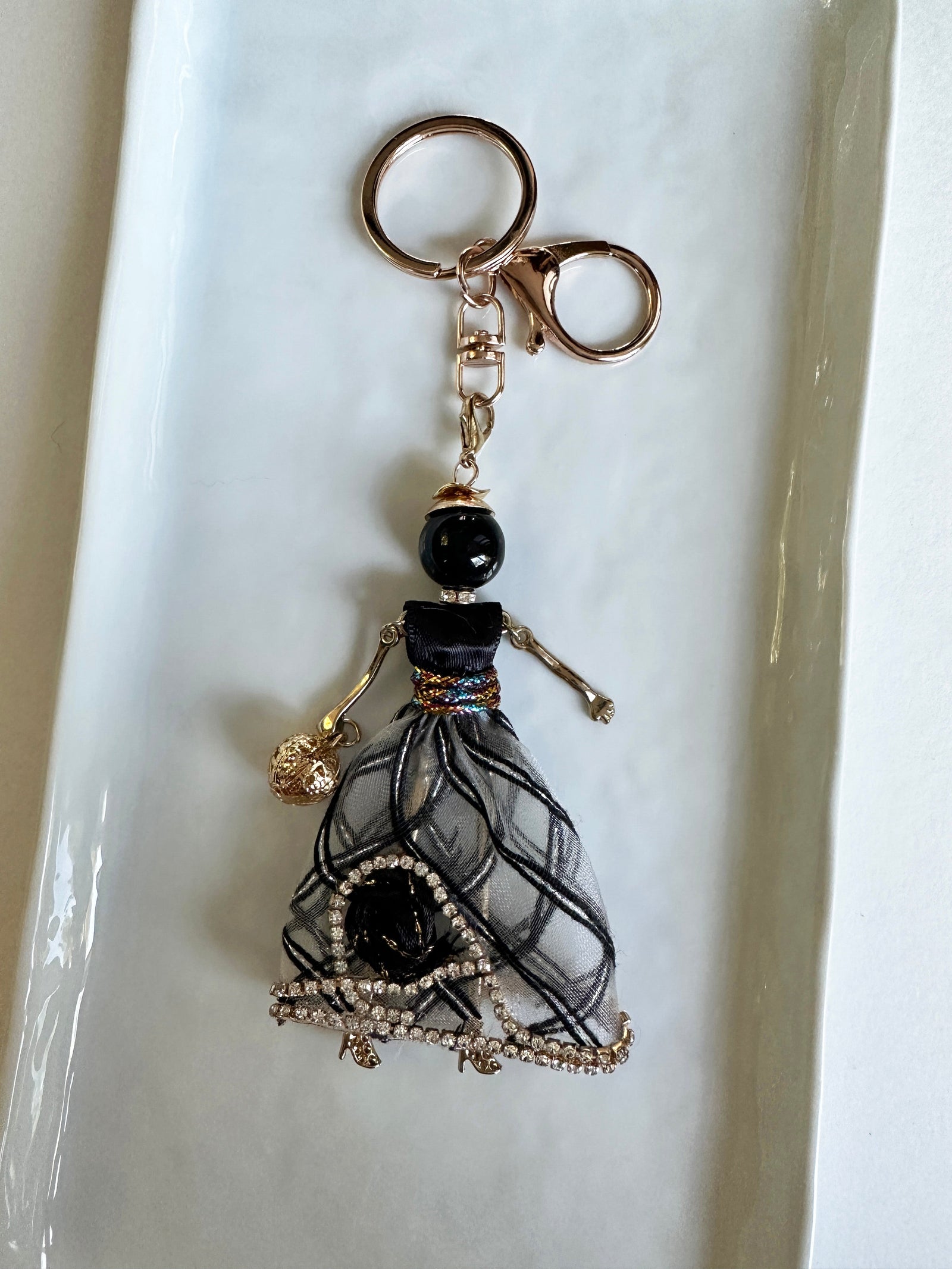 Wrapables Hanging Fashionista Doll Keychain, Crystal Rhinestone Keyring Bag Charm, Black Rose