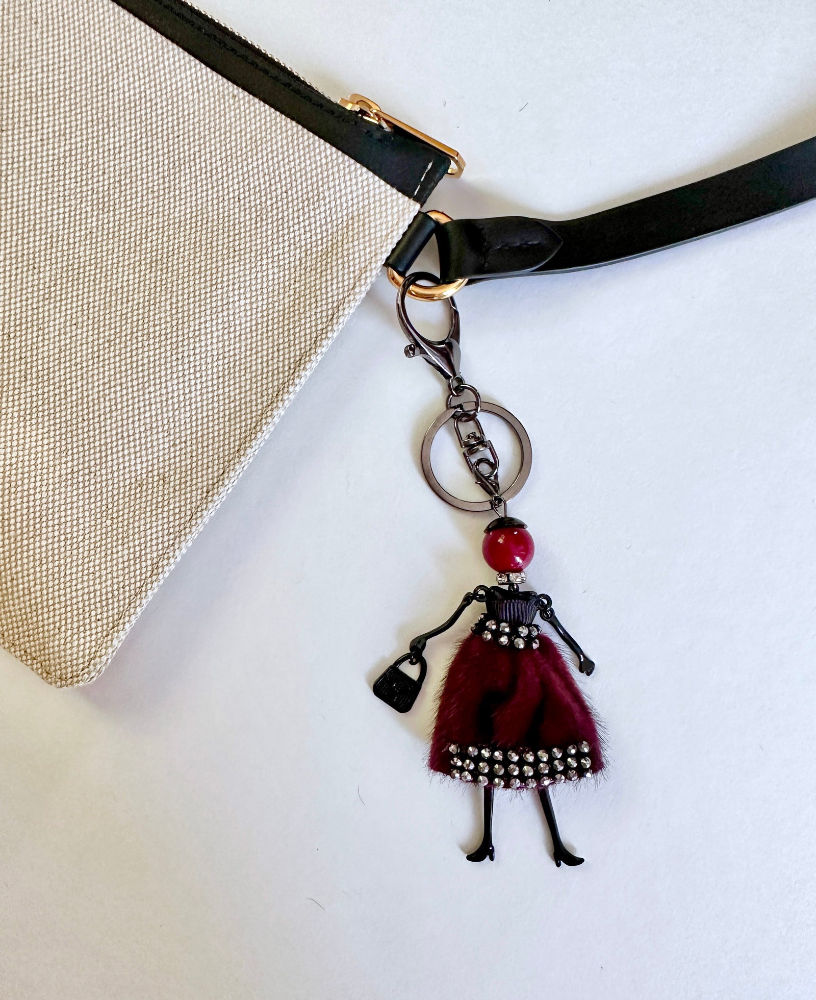 Wrapables Hanging Fashionista Doll Keychain, Crystal Rhinestone Keyring Bag Charm, Burgundy Retro