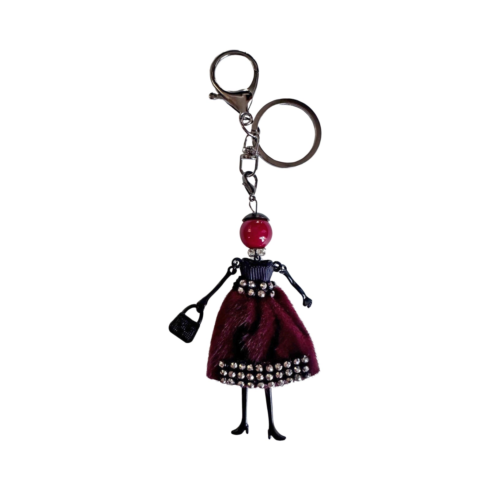 Wrapables Hanging Fashionista Doll Keychain, Crystal Rhinestone Keyring Bag Charm, Burgundy Retro