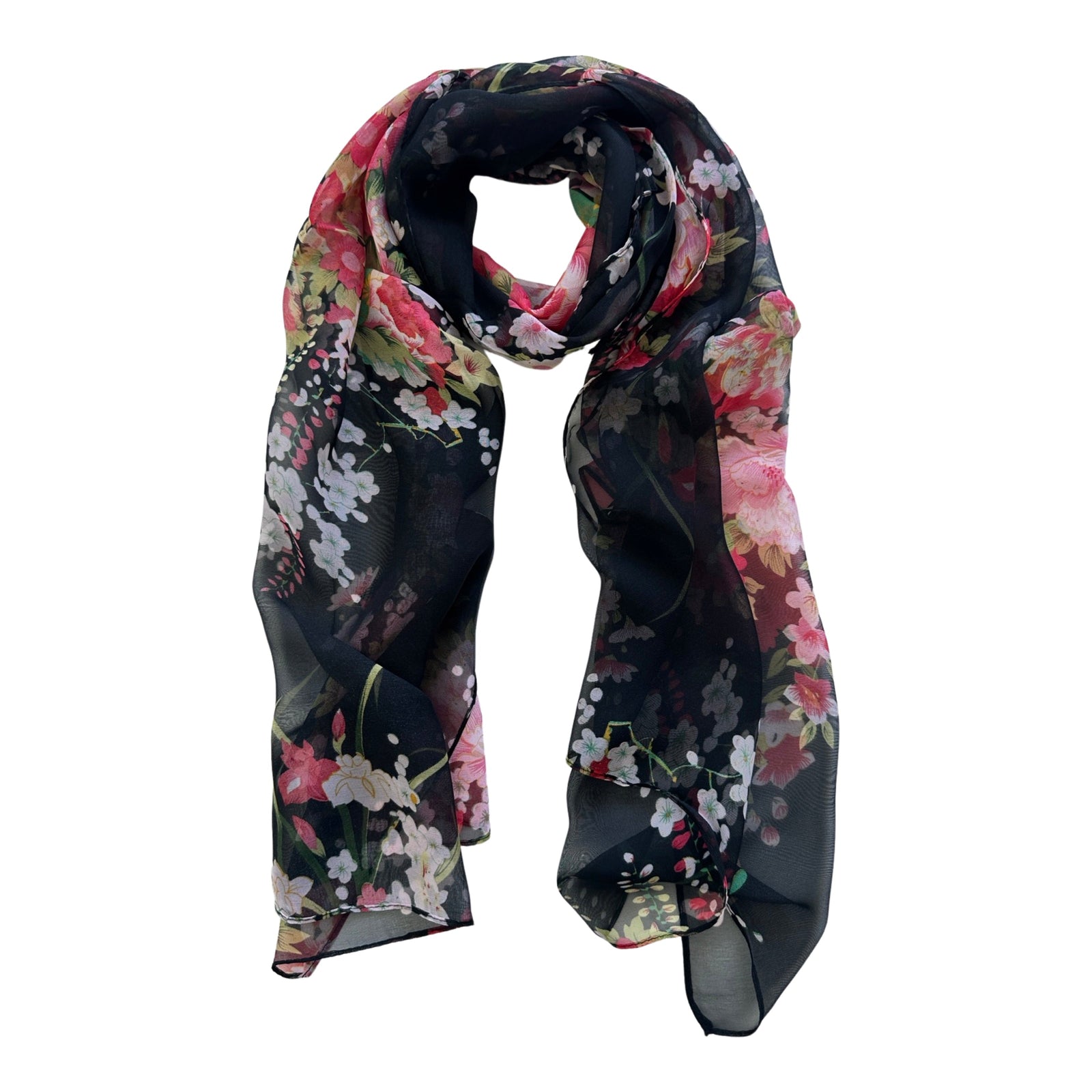 Wrapables Lightweight Sheer Silky Feeling Georgette Scarf, Bouquet on Black