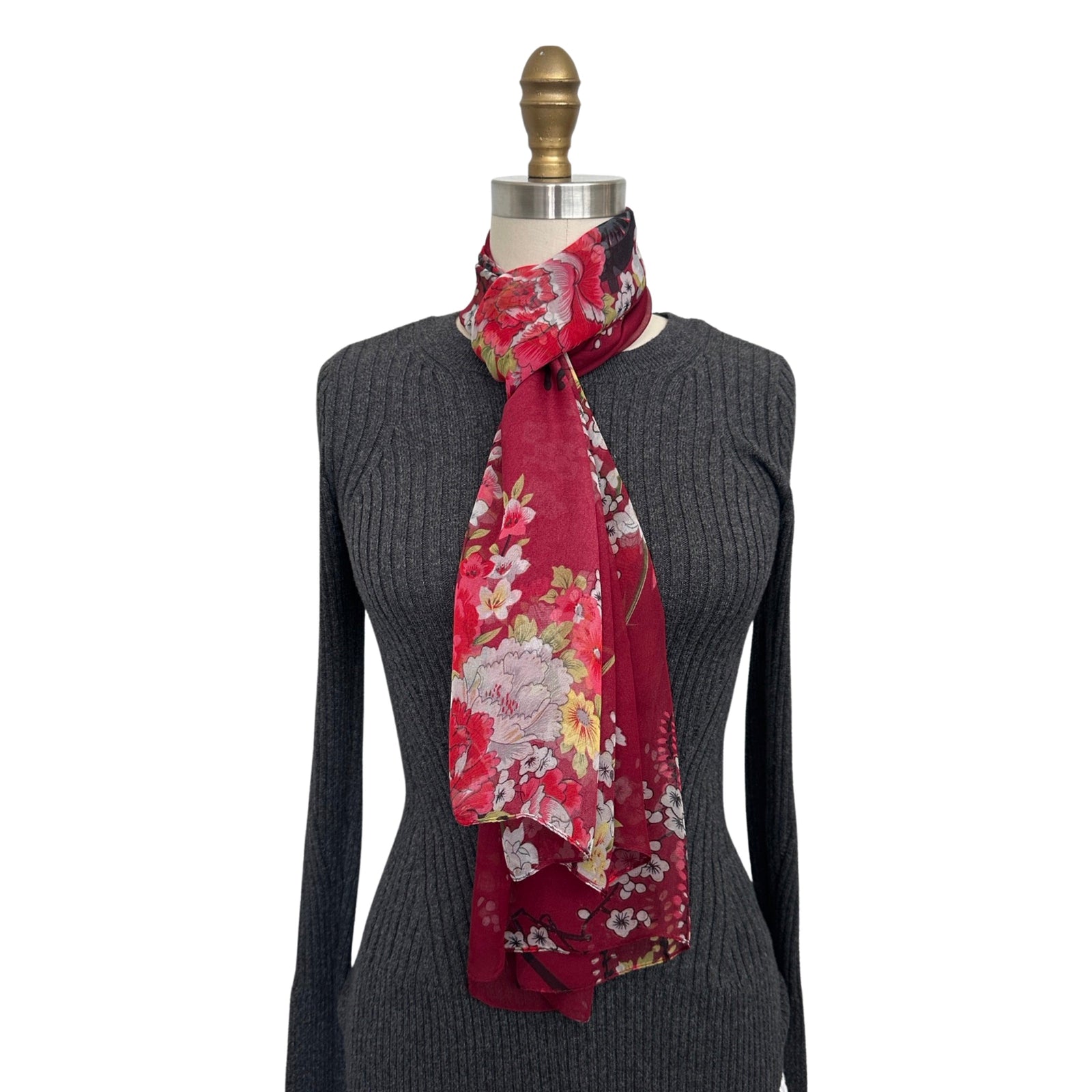 Wrapables Lightweight Sheer Silky Feeling Georgette Scarf, Bouquet on Wine Red