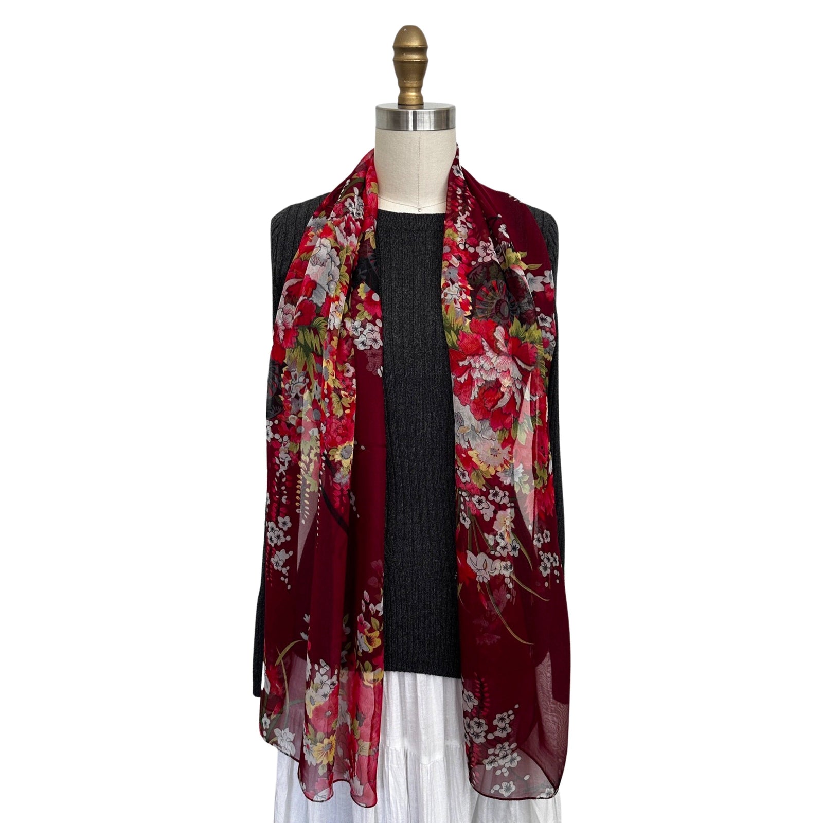 Wrapables Lightweight Sheer Silky Feeling Georgette Scarf, Bouquet on Wine Red