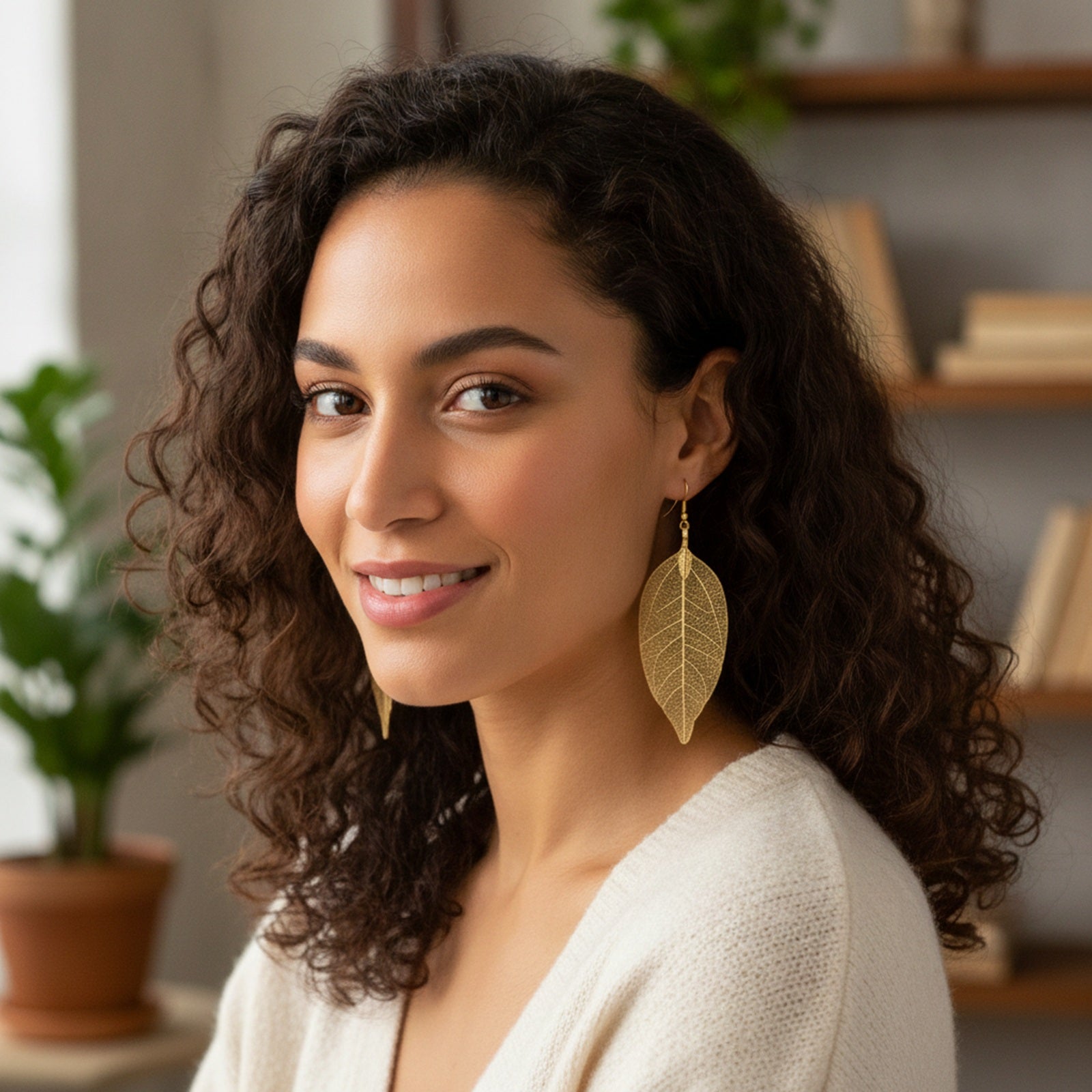 Wrapables Gold Plated Lightweight Filigree Long Leaf Earrings