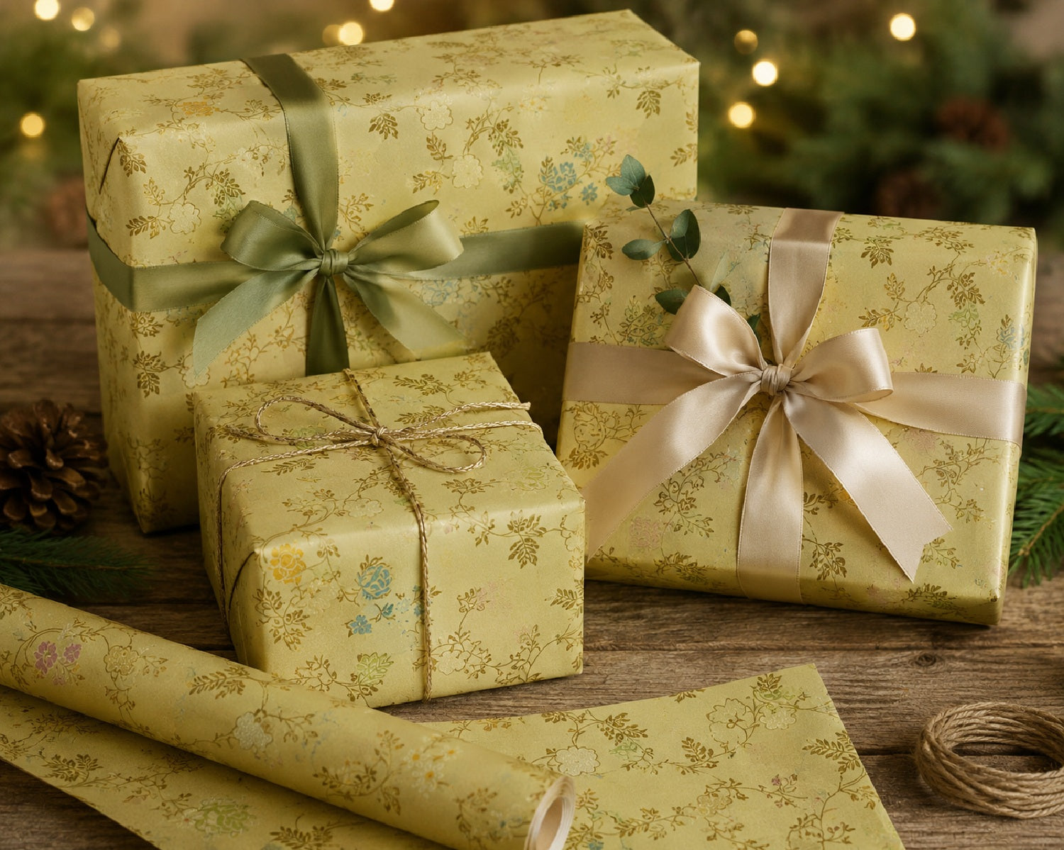 Wrapables 17" x 26" Floral Satin Brocade Decorative Gift-Wrapping Paper (Set of 3, Total 6 Sheets- Golden Peony