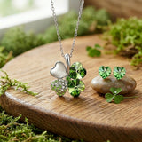 Lucky Sweethearts Gold Plated Crystal Heart Shaped Four Leaf Clover Pendant Necklace and Earrings Jewelry Set