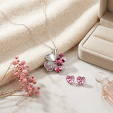Lucky Sweethearts Gold Plated Crystal Heart Shaped Four Leaf Clover Pendant Necklace and Earrings Jewelry Set