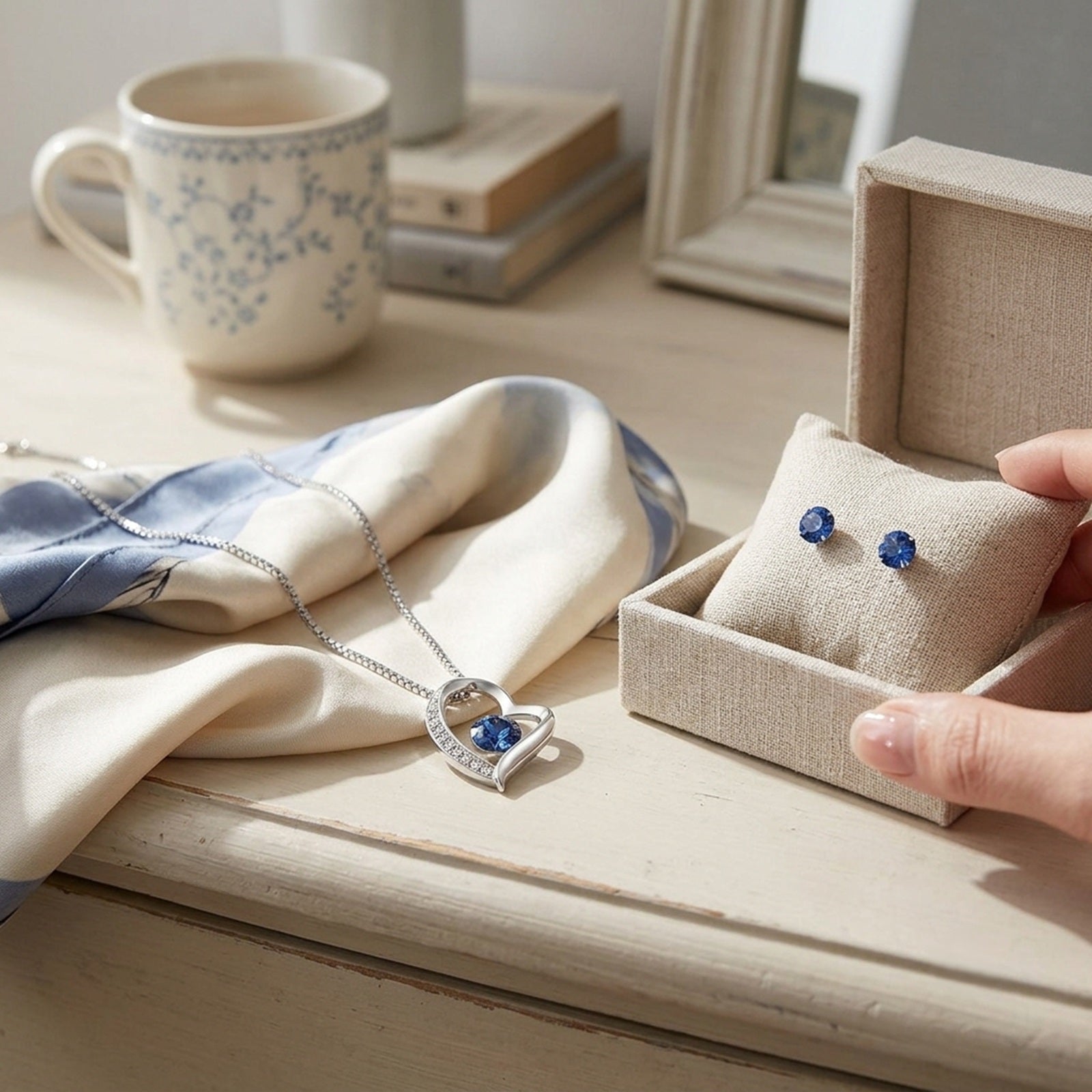 Blue Crystal Jewelry Set - Heart Pendant Necklace and Earrings